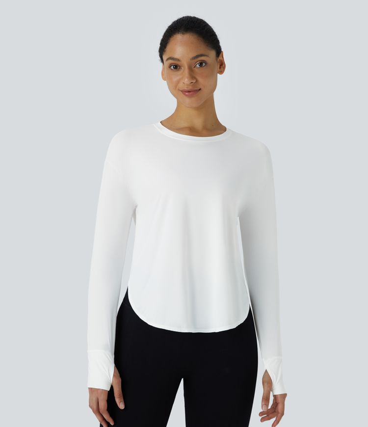 Round Neck Thumb Hole Curved Hem Yoga Sports Top