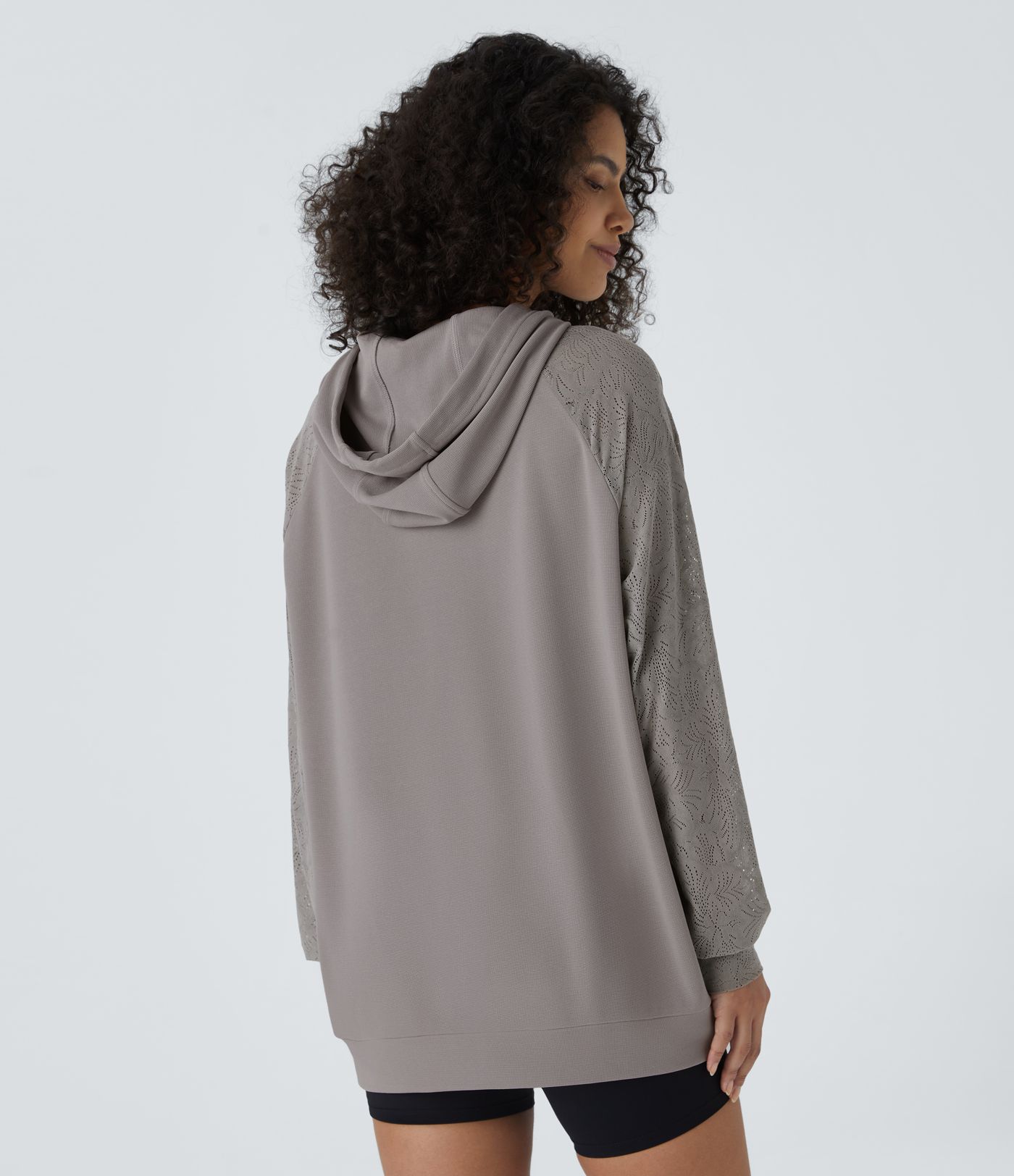 Hooded Drawstring Long Sleeve Kangaroo Pocket Contrast Lace Waffle Casual Parka Sweatshirt