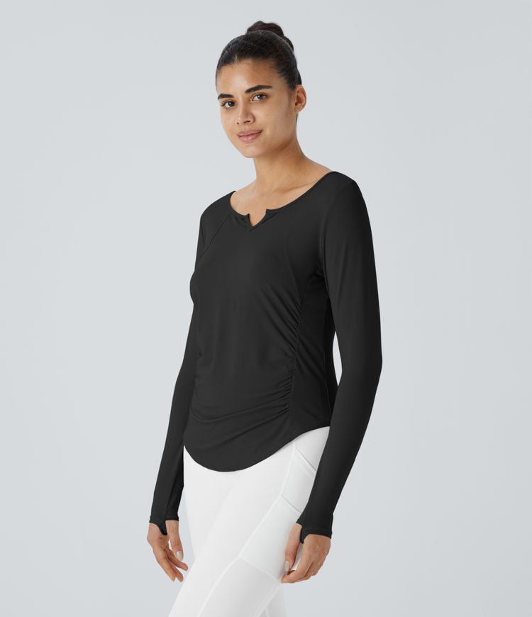 Notch collar thumb hole ruched detailing curved hem yoga sports top