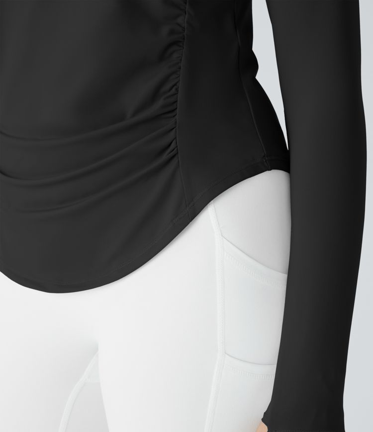 Notch collar thumb hole ruched detailing curved hem yoga sports top