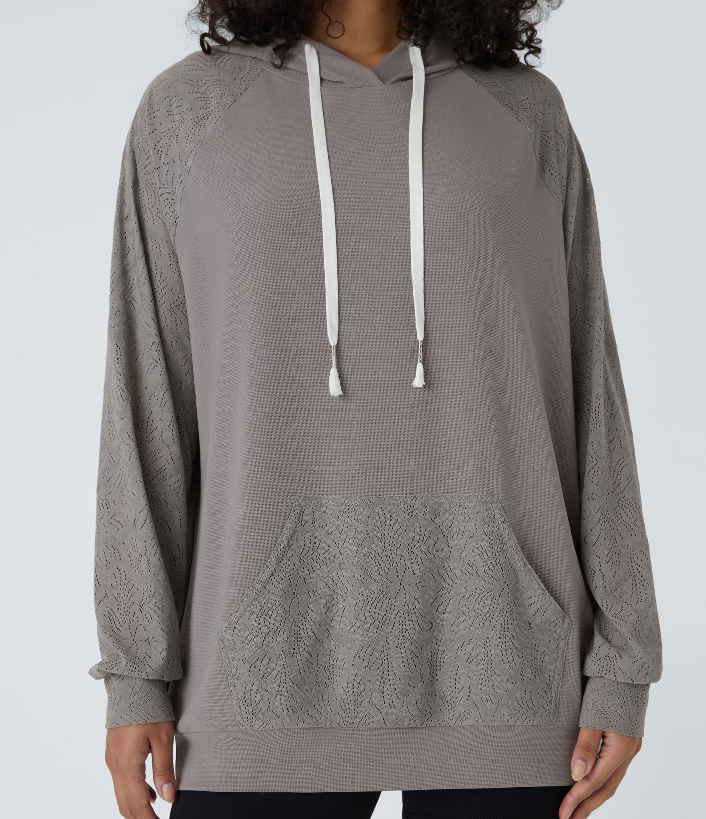 Hooded Drawstring Long Sleeve Kangaroo Pocket Contrast Lace Waffle Casual Parka Sweatshirt