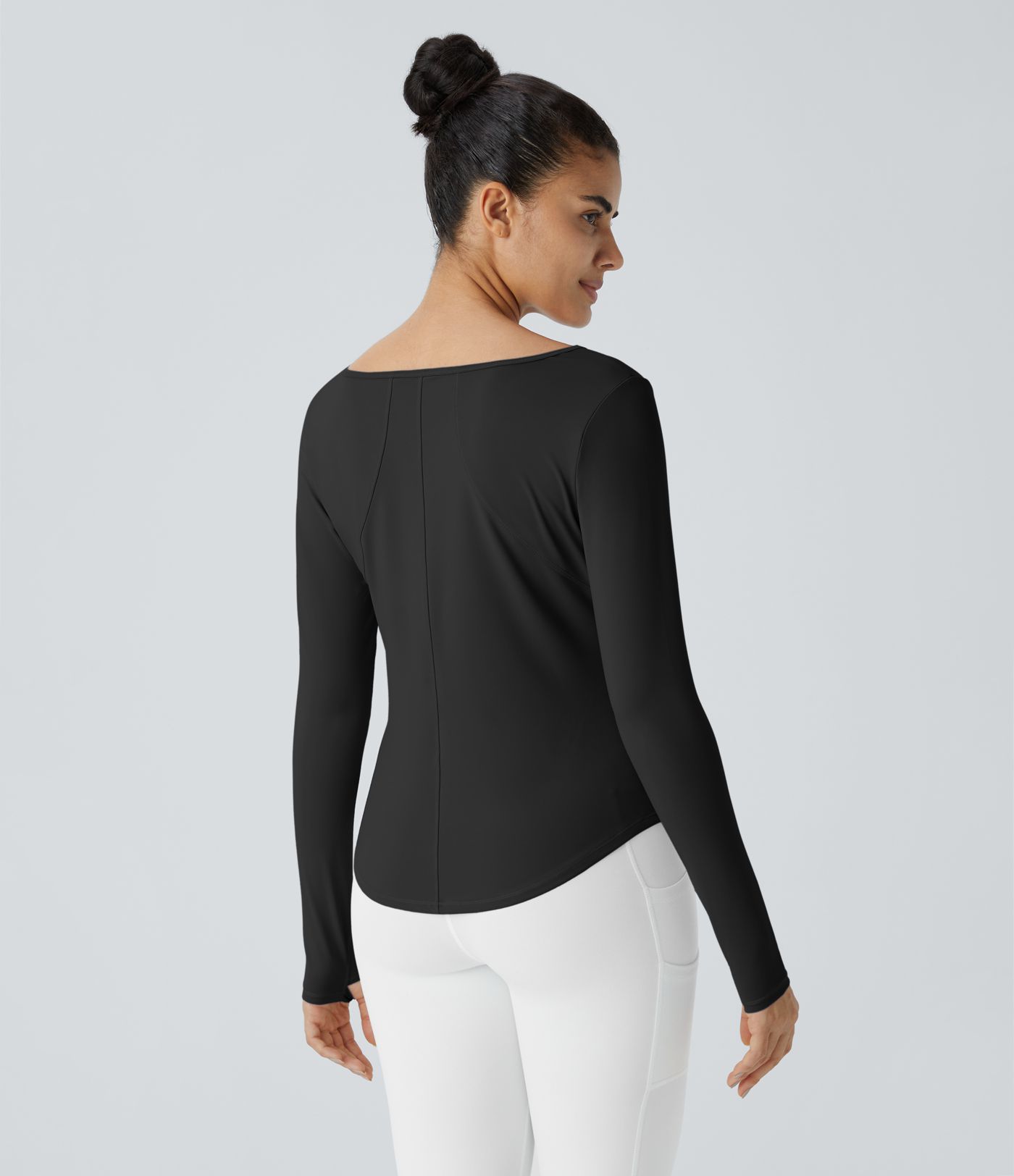 Notch collar thumb hole ruched detailing curved hem yoga sports top