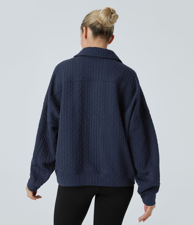 Sweat-shirt décontracté en maille à col, demi-zip et manches longues