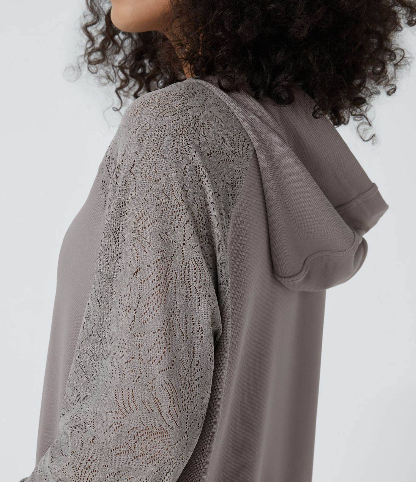 Hooded Drawstring Long Sleeve Kangaroo Pocket Contrast Lace Waffle Casual Parka Sweatshirt