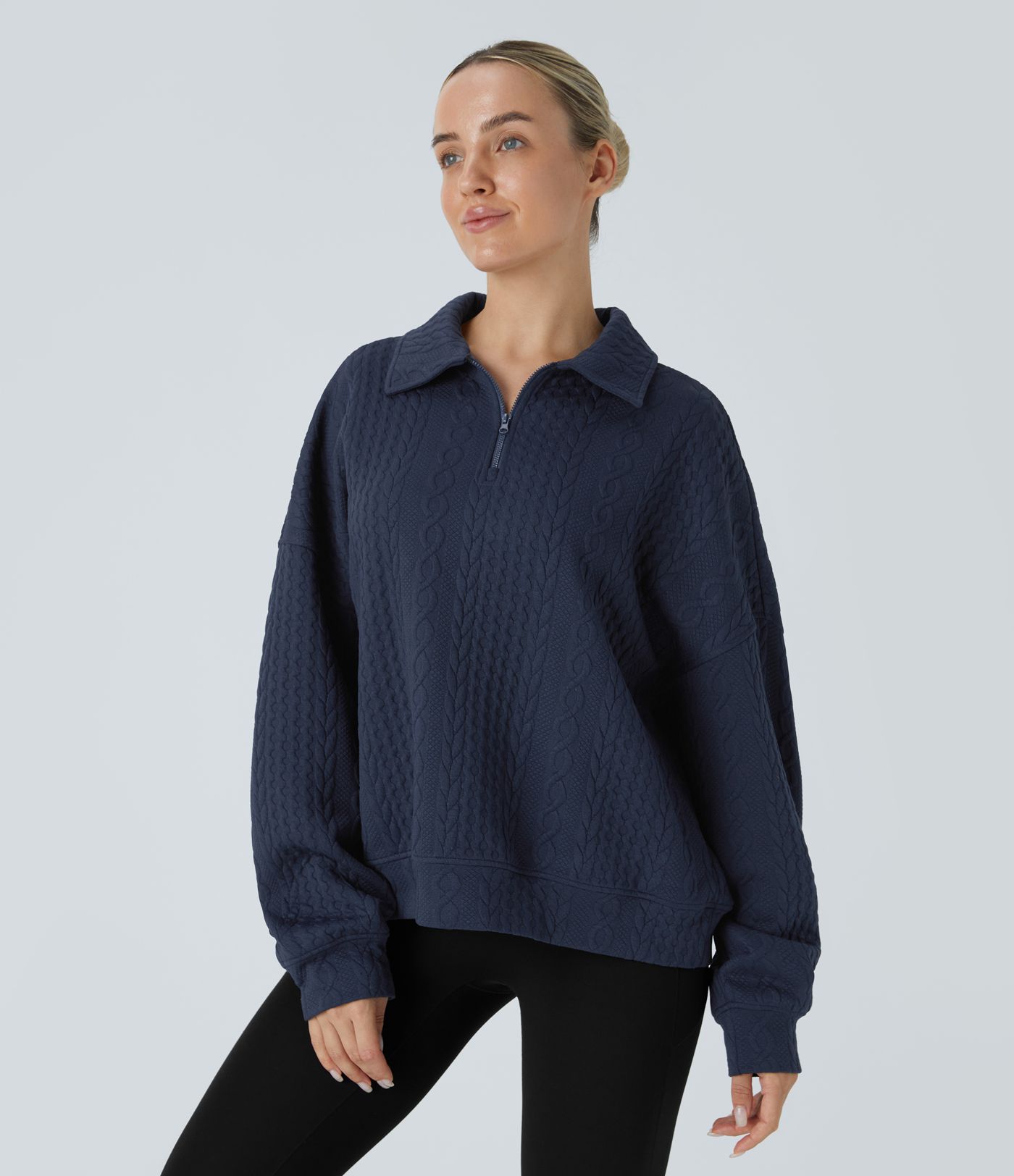 Sweat-shirt décontracté en maille à col, demi-zip et manches longues