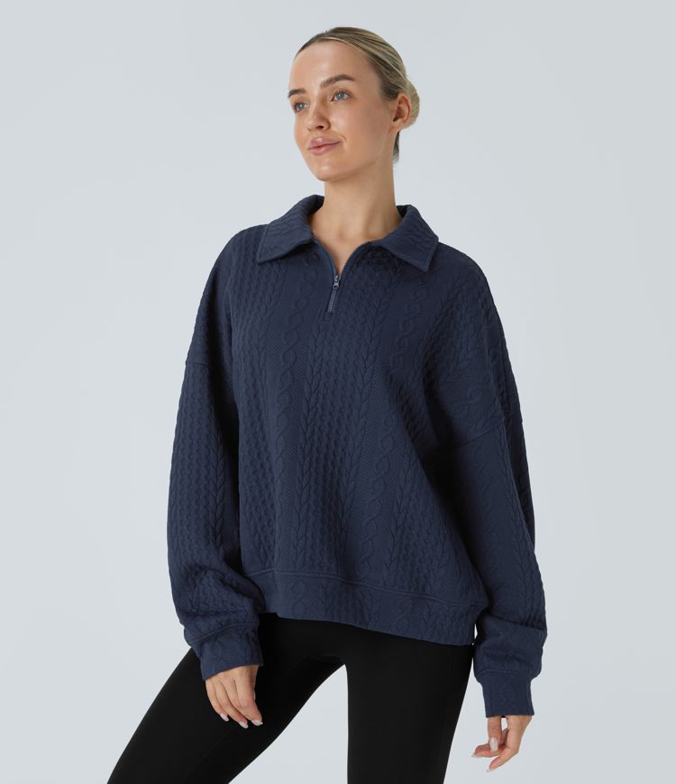 Sweat-shirt décontracté en maille à col, demi-zip et manches longues