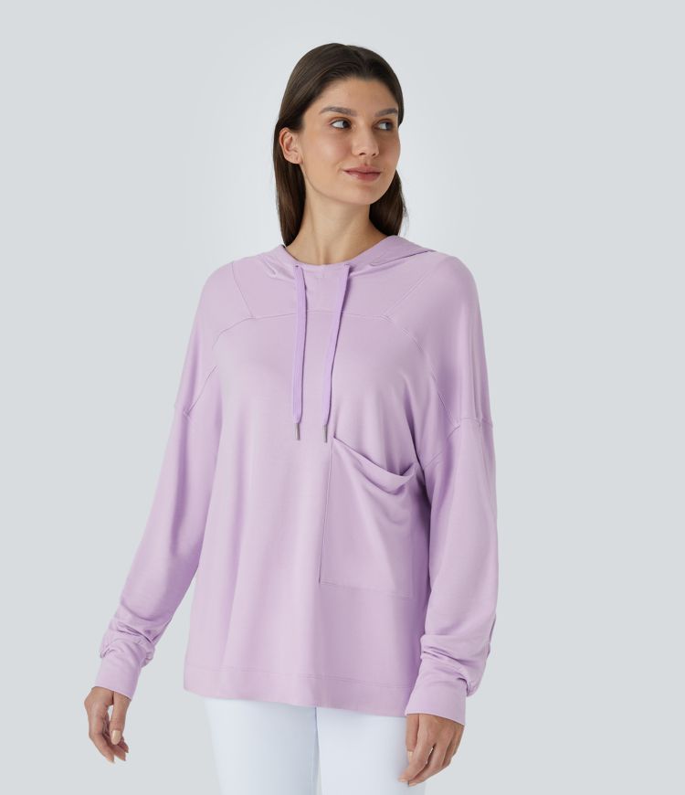 Hooded Drawstring Dropped Shoulder Chest Pocket Oversize Casual Sweatshirt