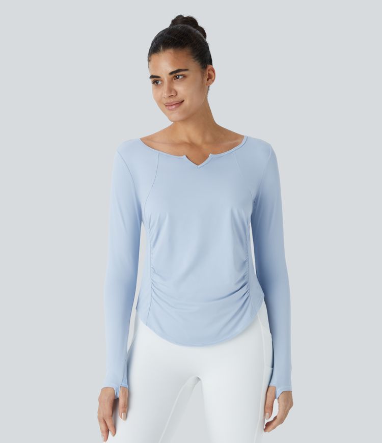 Notched Thumb Hole Ruched Curved Hem Yoga Sports Top