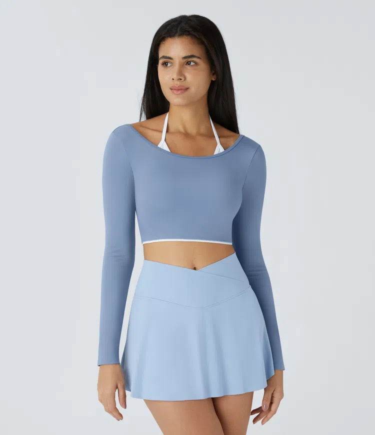 SoftlyZero™ Airy Halter Long Sleeve Color Block Cropped Yoga Sports Top-UPF50+