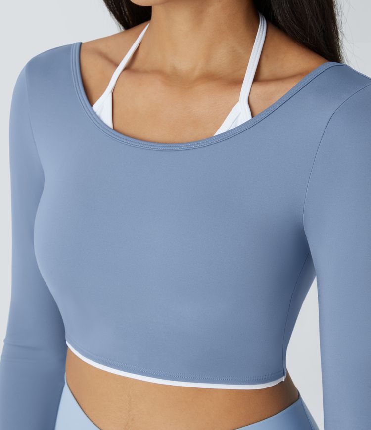 SoftlyZero™ Airy Halter Long Sleeve Color Block Cropped Yoga Sports Top-UPF50+