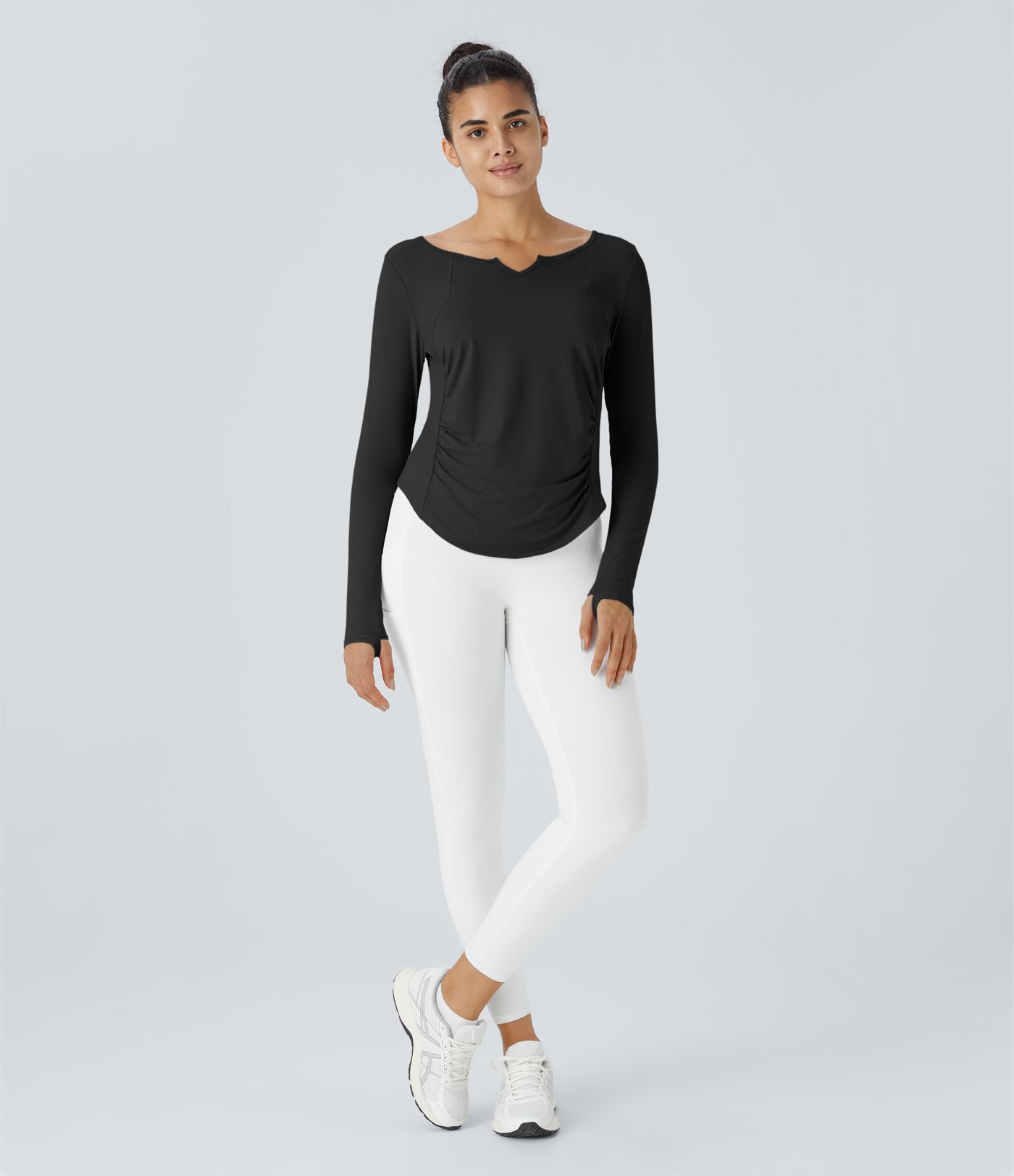 Notch collar thumb hole ruched detailing curved hem yoga sports top