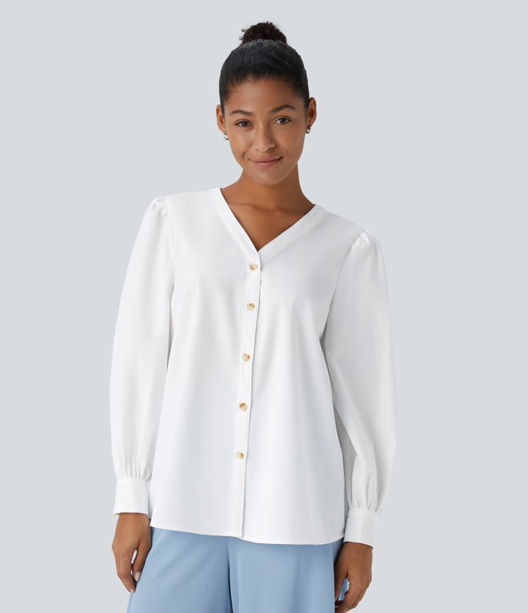 langärmelige Arbeitsbluse mit V-Ausschnitt und Knöpfen