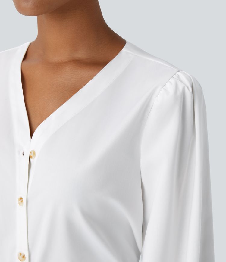 langärmelige Arbeitsbluse mit V-Ausschnitt und Knöpfen