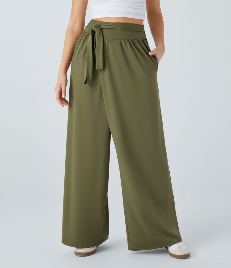 High Waisted Tie Pocket Wide Leg Casual Pants