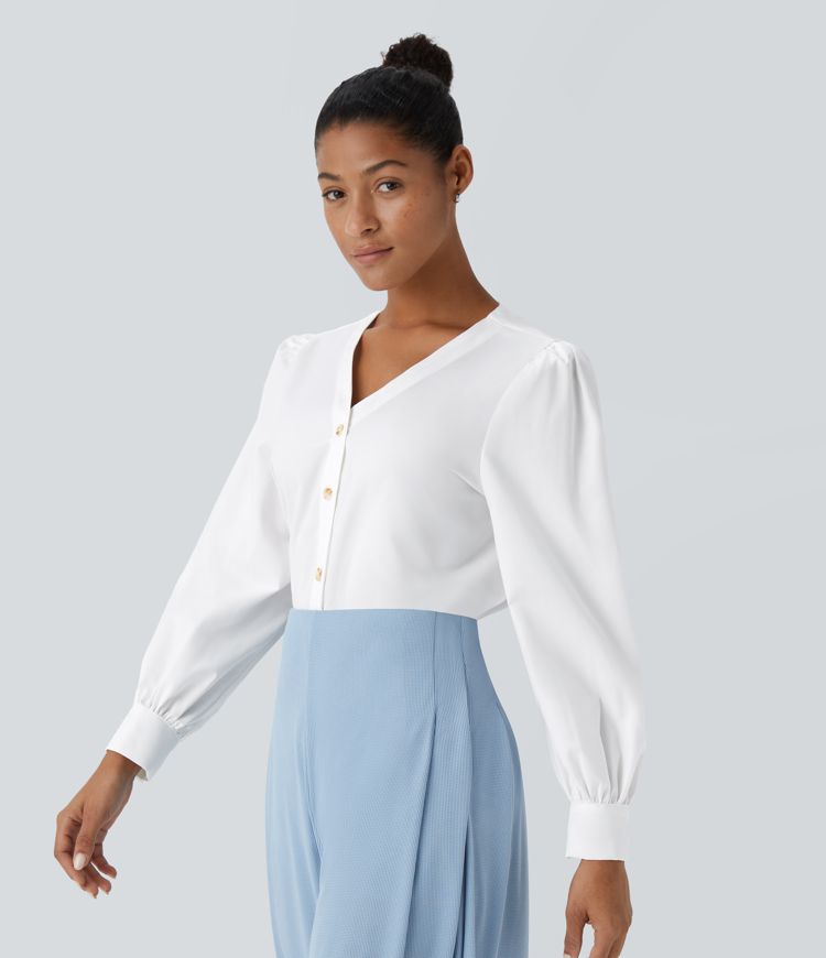 langärmelige Arbeitsbluse mit V-Ausschnitt und Knöpfen