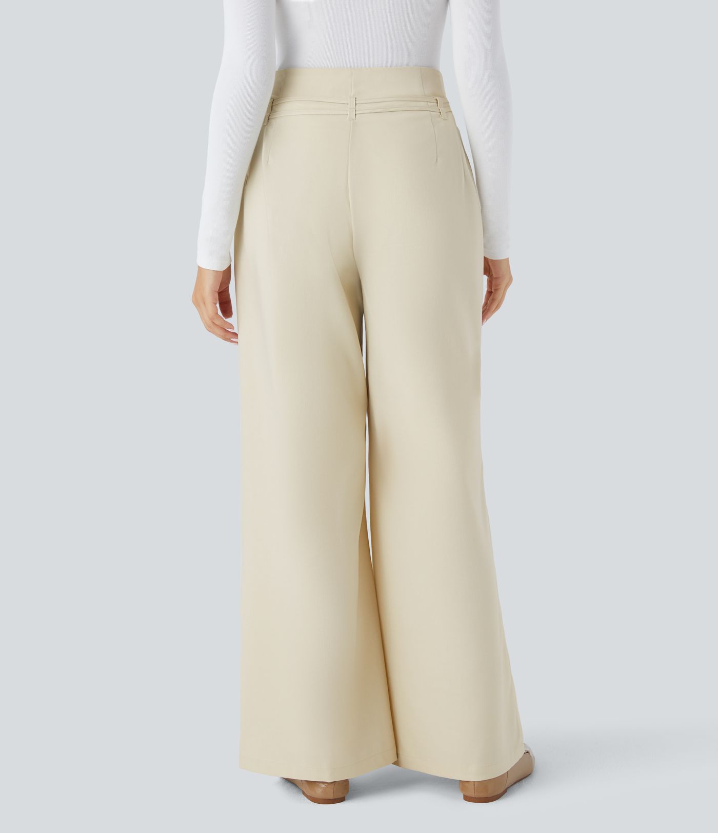High Waisted Tie Front Side Pocket Wide Leg Casual Trousers