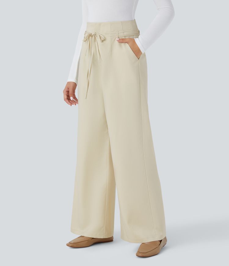 High Waisted Tie Front Side Pocket Wide Leg Casual Trousers