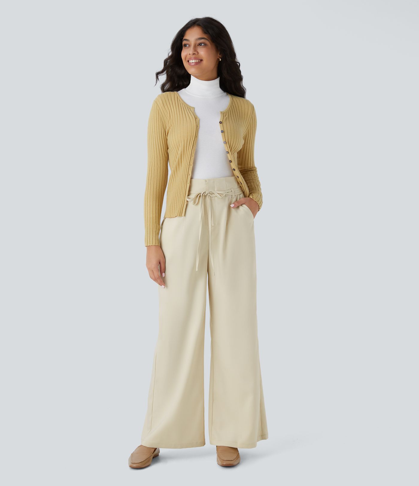 High Waisted Tie Front Side Pocket Wide Leg Casual Trousers