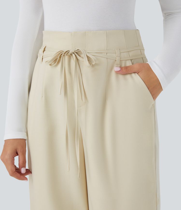 High Waisted Tie Front Side Pocket Wide Leg Casual Trousers