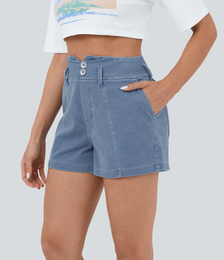 Pantalón corto Halara Flex™ Denim mezclilla elástica lavada transpirable tiro alto cintura V botón bolsillo 7.5cm