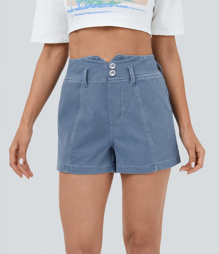 Pantalón corto Halara Flex™ Denim mezclilla elástica lavada transpirable tiro alto cintura V botón bolsillo 7.5cm