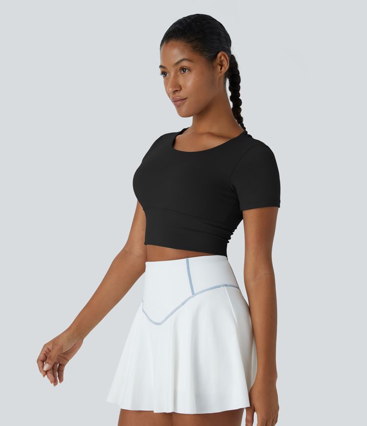 Round Neck Short Sleeve Backless Crisscross Cropped Sports Top