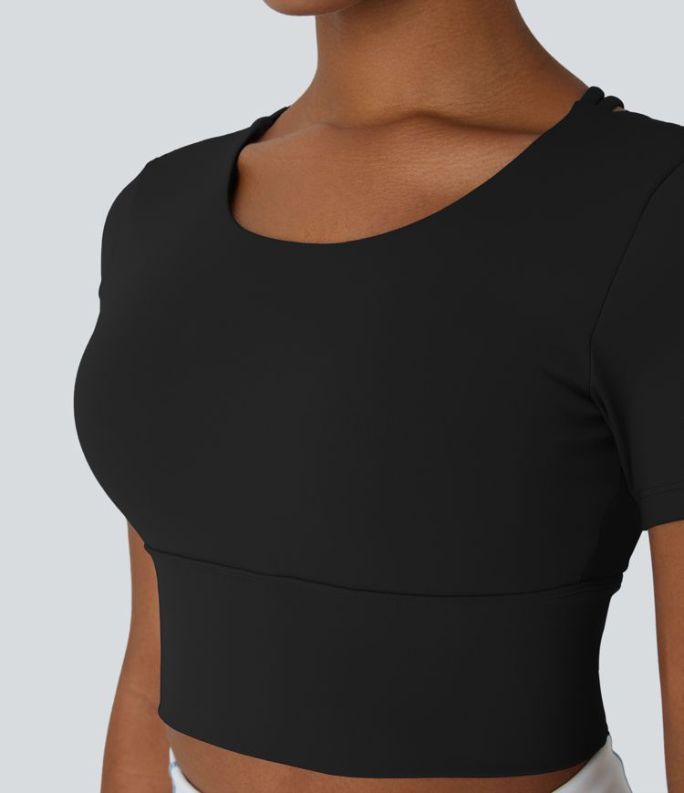Round Neck Short Sleeve Backless Crisscross Cropped Sports Top