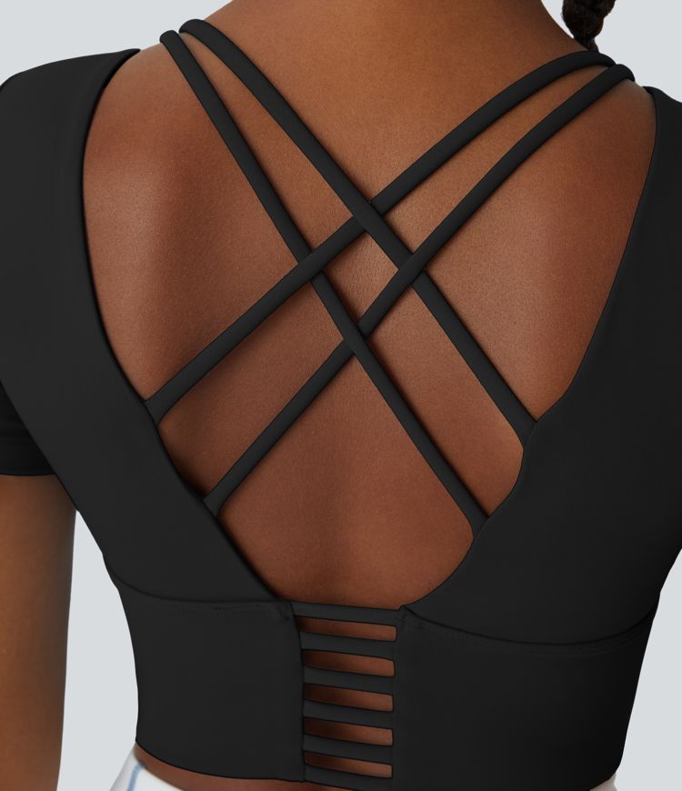 Round Neck Short Sleeve Backless Crisscross Cropped Sports Top