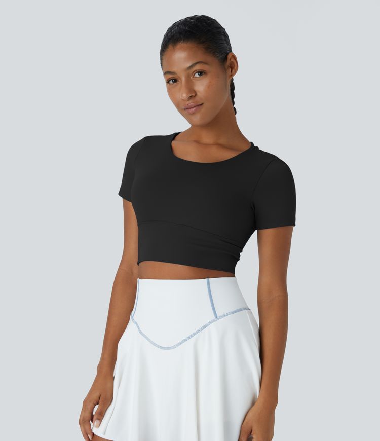 Round Neck Short Sleeve Backless Crisscross Cropped Sports Top