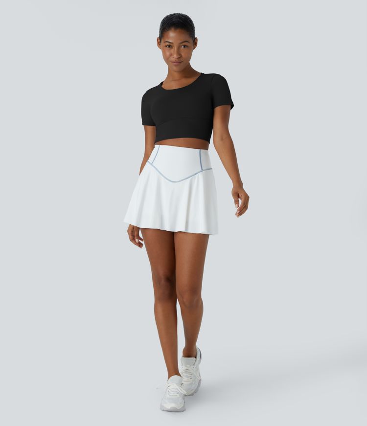 Round Neck Short Sleeve Backless Crisscross Cropped Sports Top