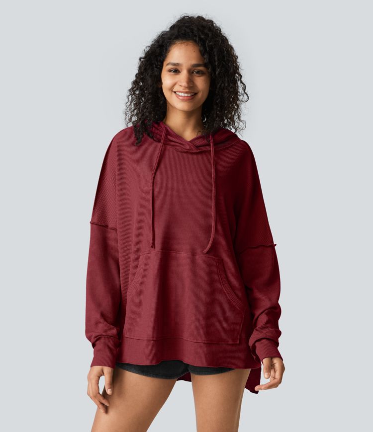 Hooded Drawstring Kangaroo Pocket Slit Hem High-Low Oversized Casual Waffle Sweatshirt