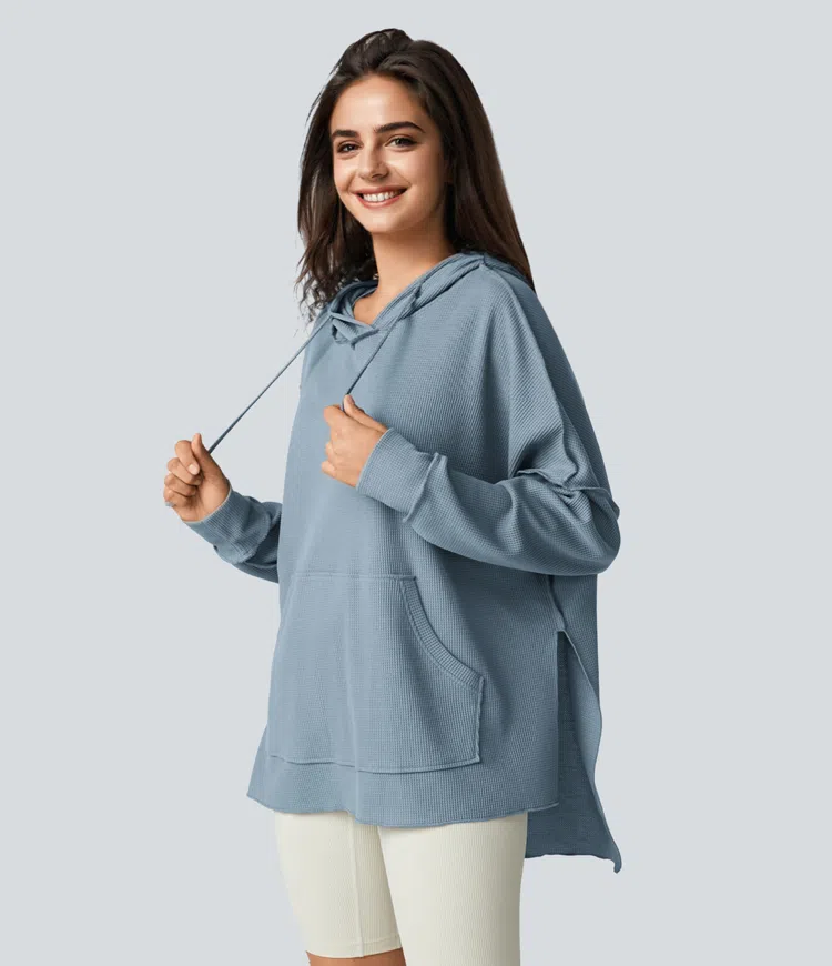 Hood drawstring kangaroo pocket split hem high-low oversized casual waffle sweatshirt