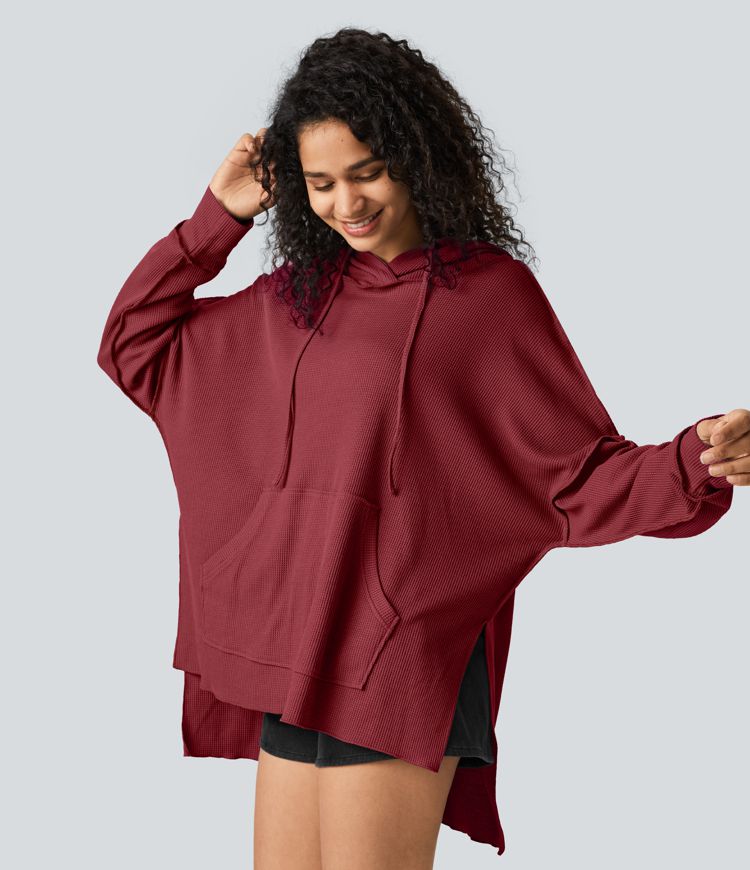 Hooded Drawstring Kangaroo Pocket Hem High Low Oversize Casual Waffle Sweatshirt