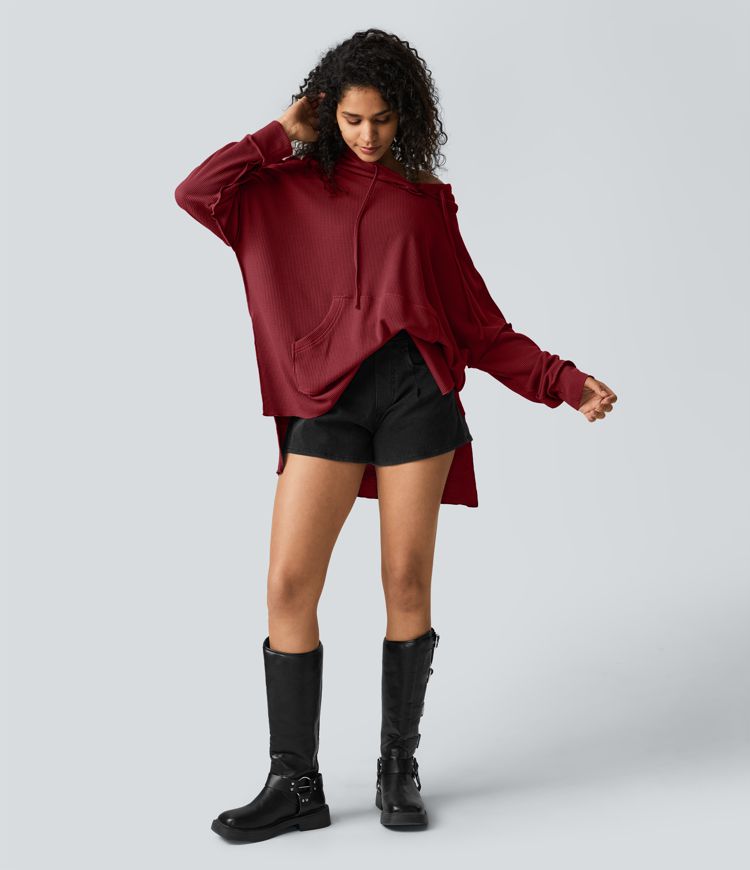 Hooded Drawstring Kangaroo Pocket Slit Hem High-Low Oversized Casual Waffle Sweatshirt
