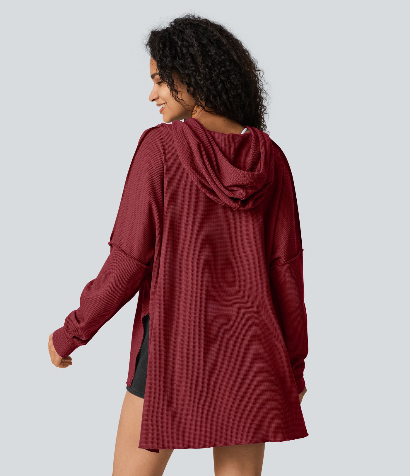 Hooded Drawstring Kangaroo Pocket Slit Hem High-Low Oversized Casual Waffle Sweatshirt