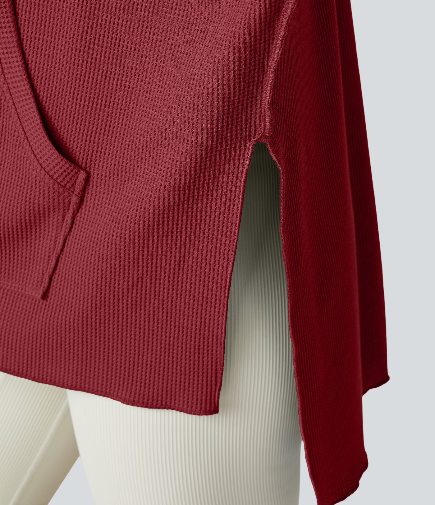 Hooded Drawstring Kangaroo Pocket Slit Hem High-Low Oversized Casual Waffle Sweatshirt