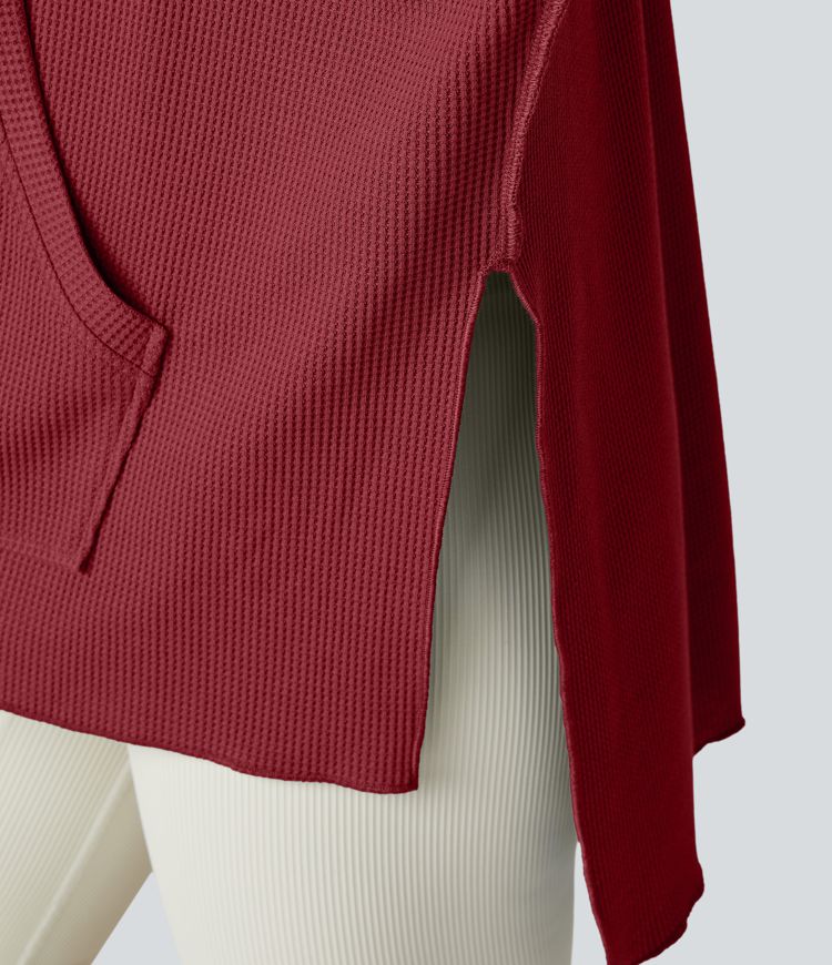 Hooded Drawstring Kangaroo Pocket Slit Hem High-Low Oversized Casual Waffle Sweatshirt