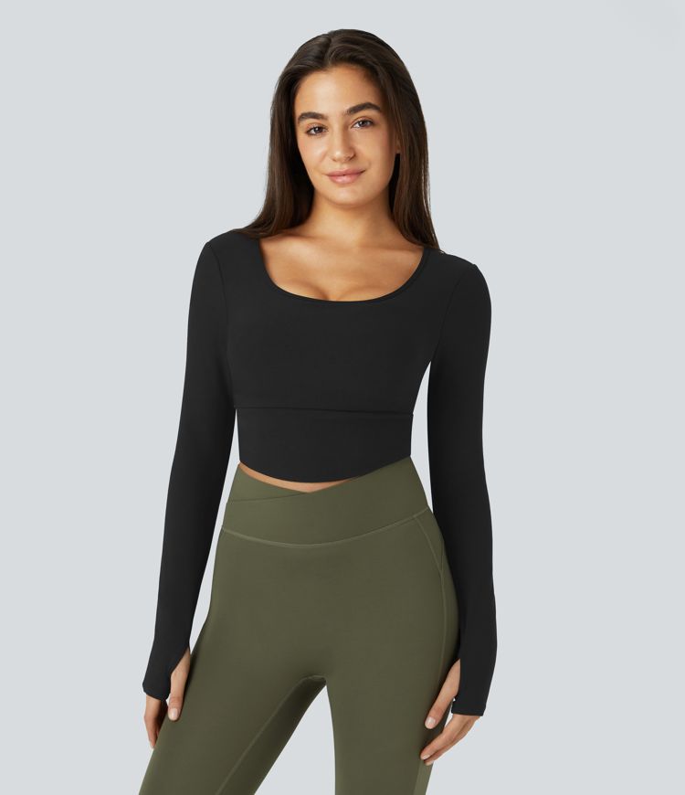 Ribbed Knit Thumb Hole Asymmetric Hem Cropped Yoga Sports Top