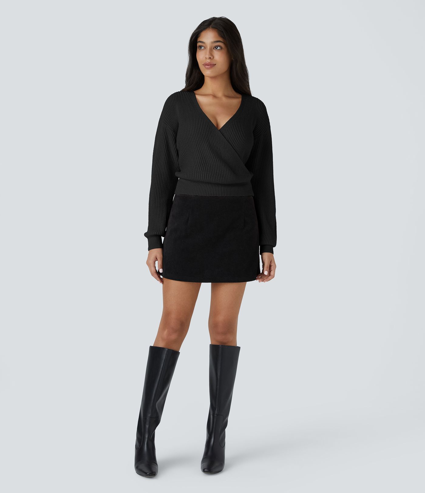 V Neck Dropped Shoulder Long Sleeve Wrapped Relaxed Casual Sweater