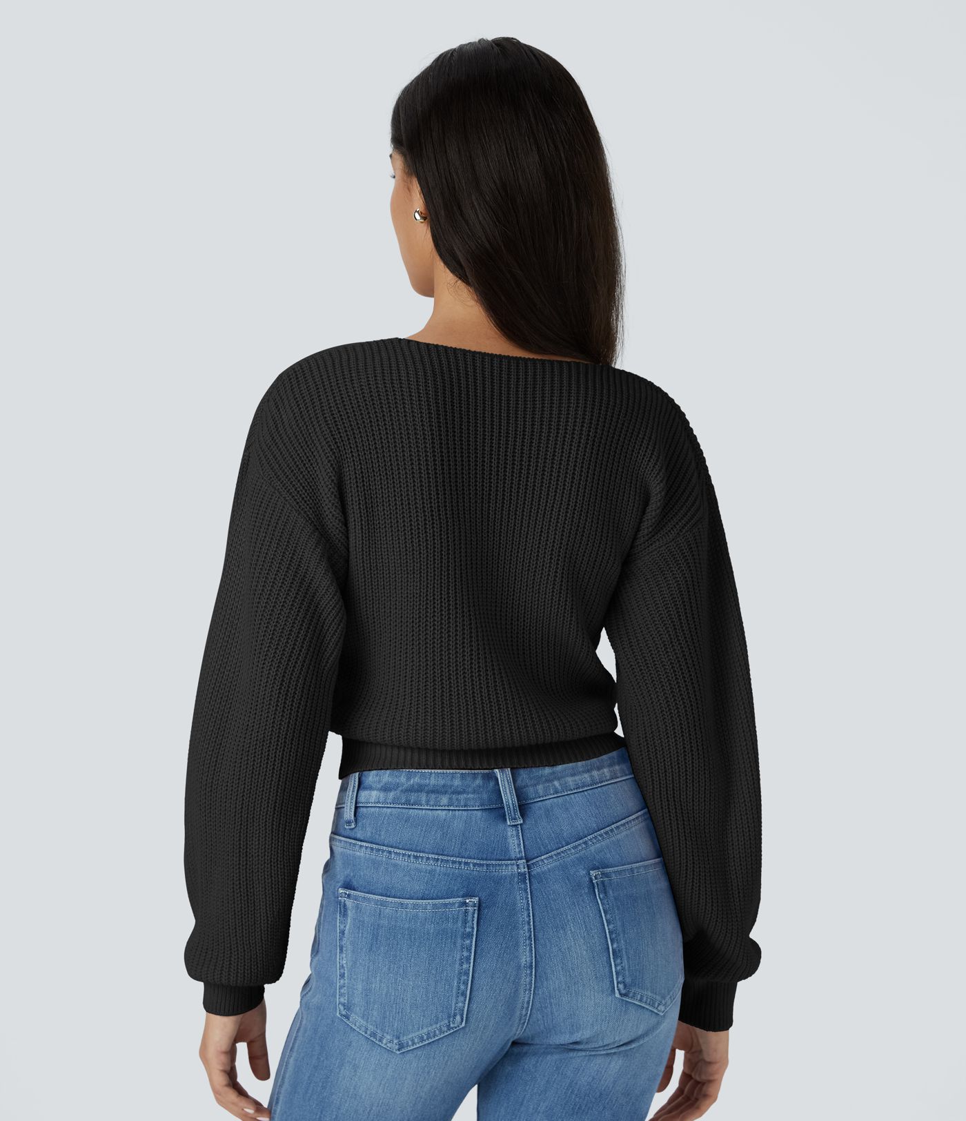 V Neck Dropped Shoulder Long Sleeve Wrapped Relaxed Casual Sweater