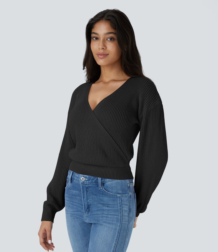 V Neck Dropped Shoulder Long Sleeve Wrapped Relaxed Casual Sweater