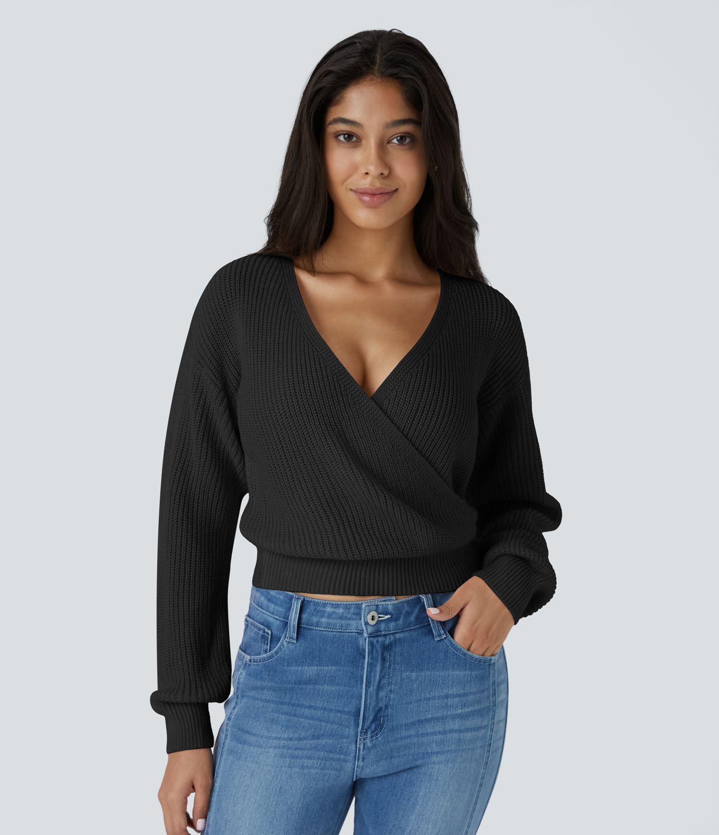 V Neck Dropped Shoulder Long Sleeve Wrapped Relaxed Casual Sweater