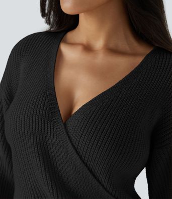 V Neck Dropped Shoulder Long Sleeve Wrapped Relaxed Casual Sweater