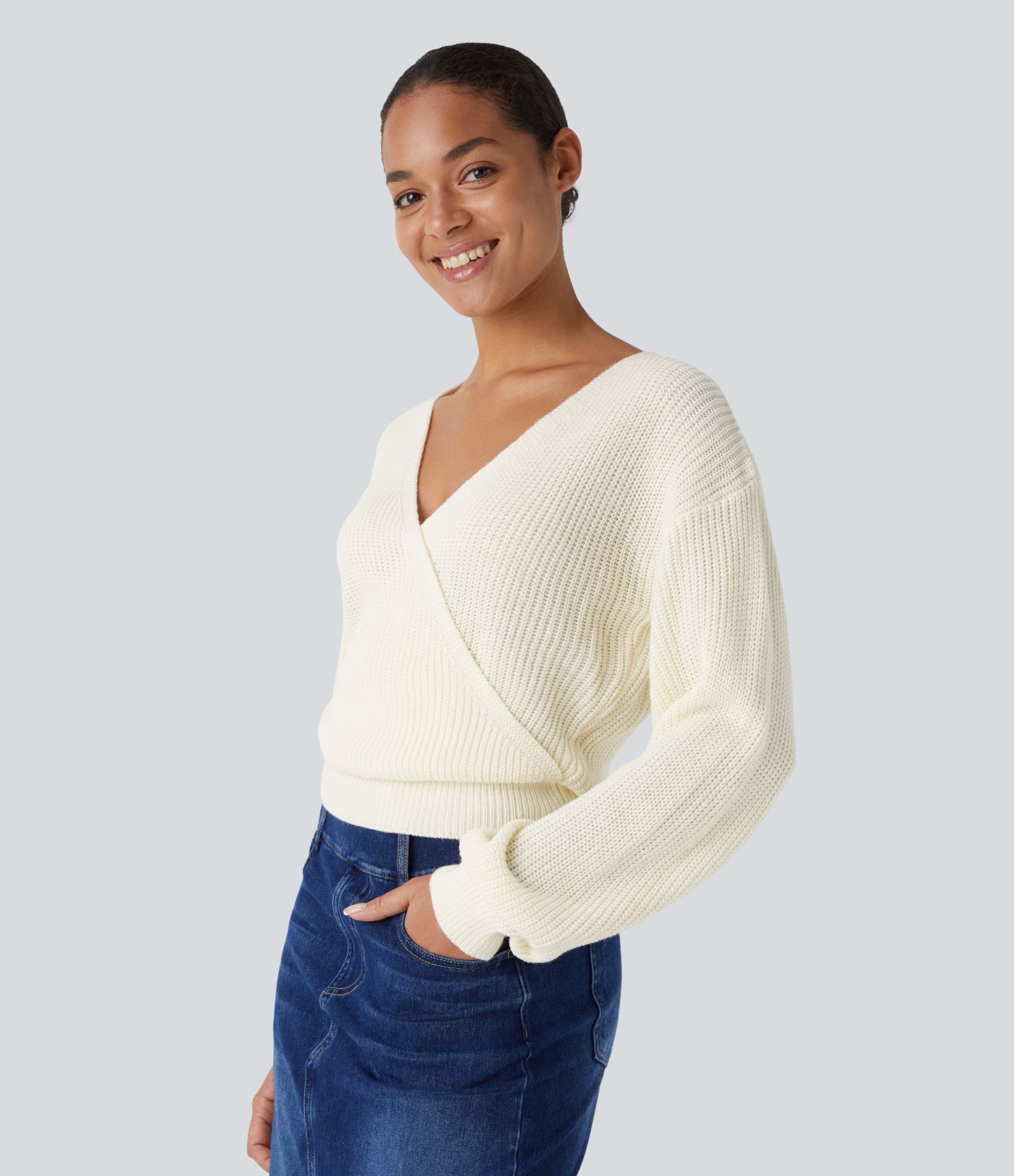 Pull décontracté à col V, épaules tombantes et manches longues avec drapé