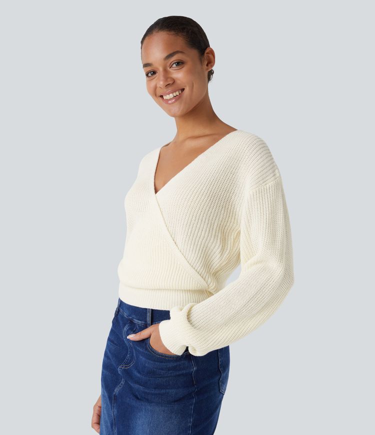 Pull décontracté à col V, épaules tombantes et manches longues avec drapé