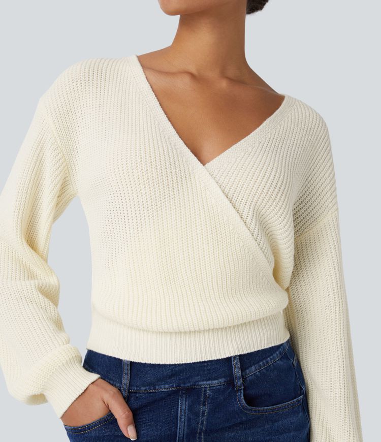 Pull décontracté à col V, épaules tombantes et manches longues avec drapé