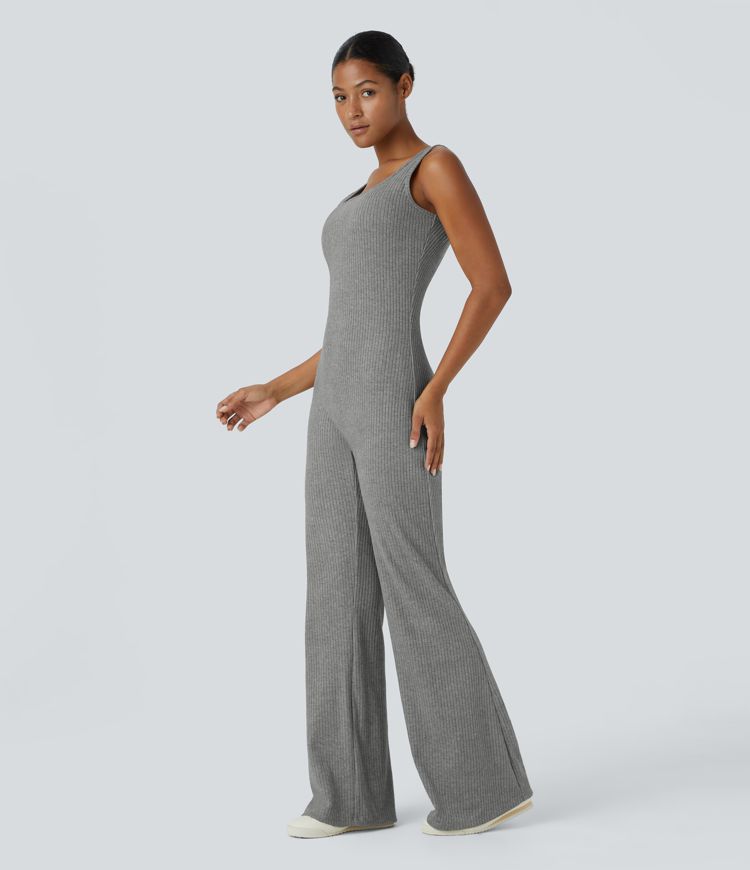 Ribbed Knit Square Neck Sleeveless Slight Flare Casual Jumpsuit