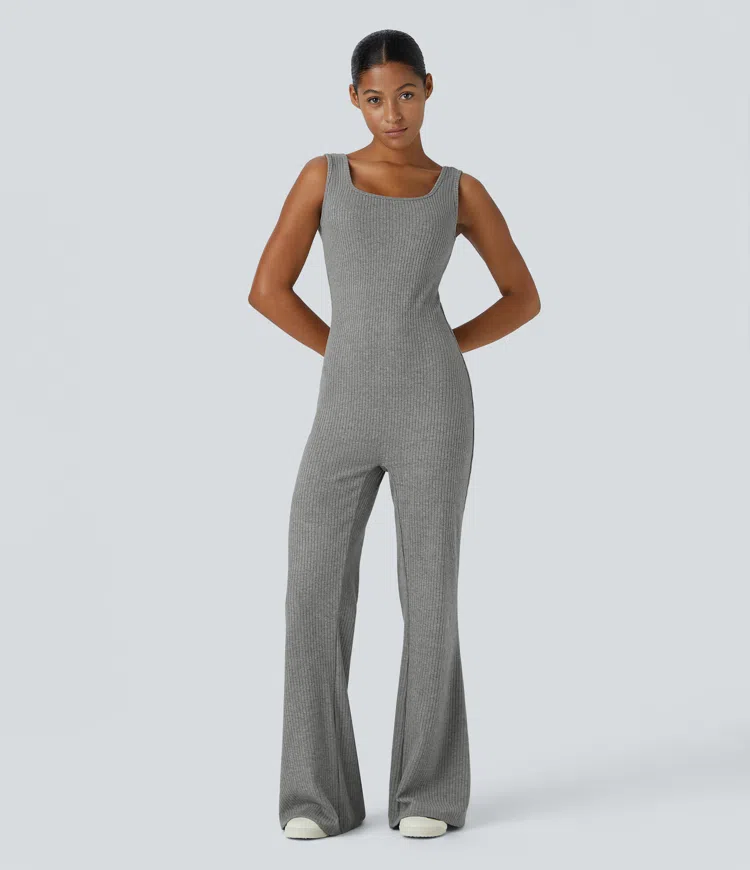 Ribbed Knit Square Neck Sleeveless Casual Jumpsuit