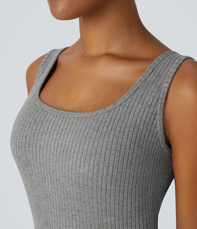 Ribbed Knit Square Neck Sleeveless Slight Flare Casual Jumpsuit