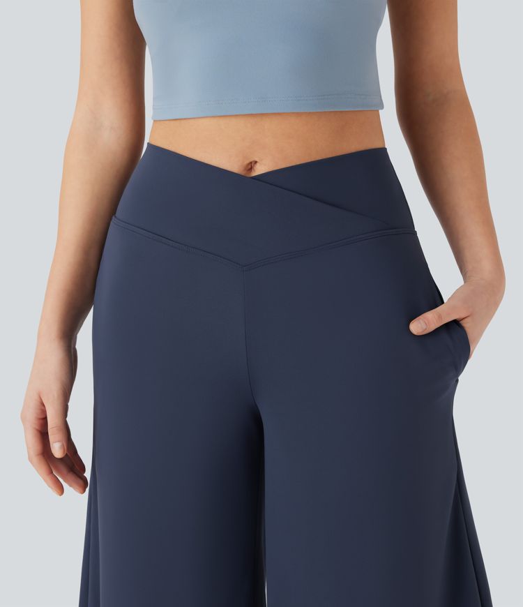 Softlyzero™ Airy Crossover High Waisted Wide Leg Yoga Cropped Capri Trousers with Pockets